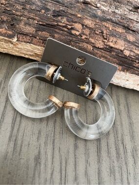 Chico's Clear Lucite Hoop Earrings with Gold Accents